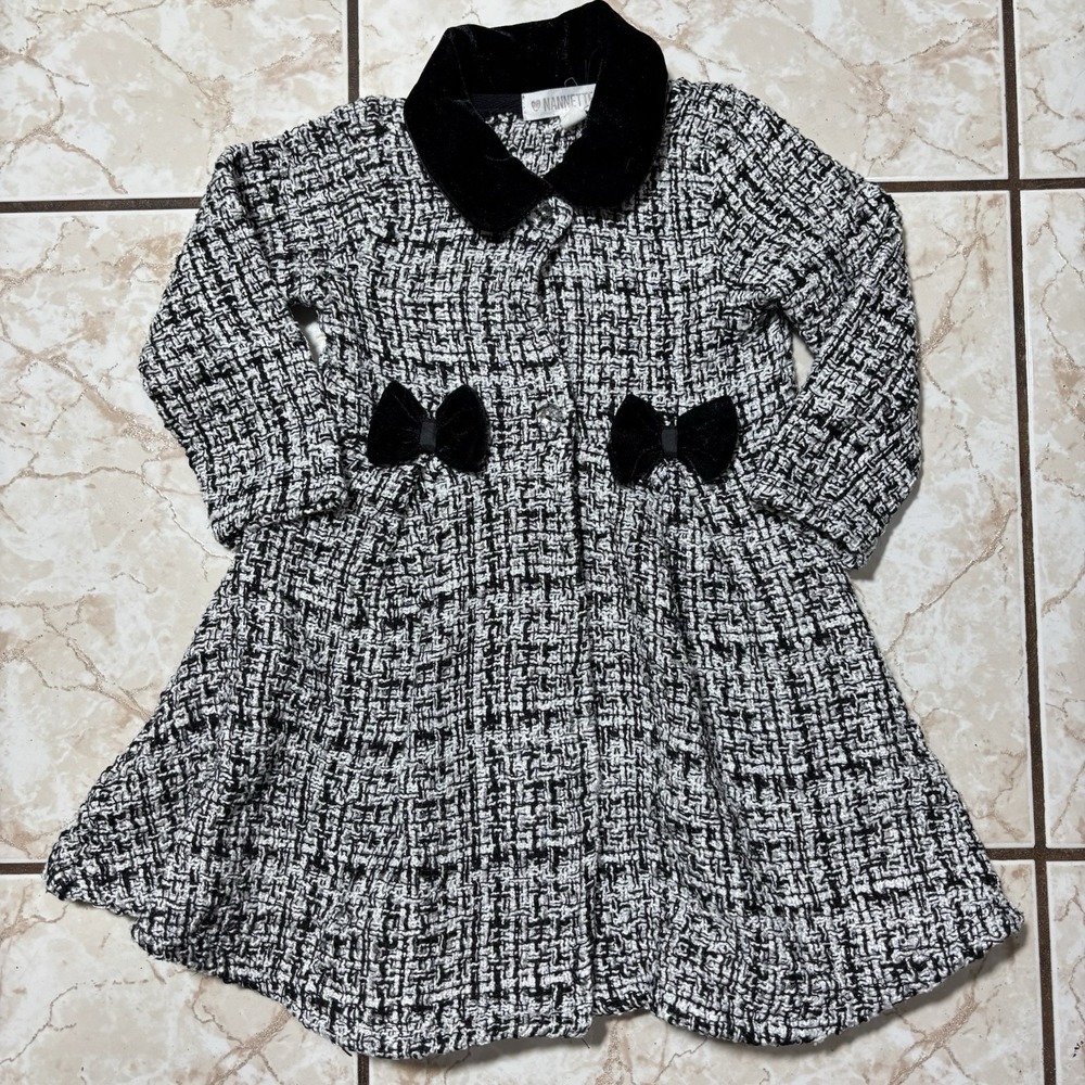 Nannette Baby Coat Toddler Girls 24M Black White Tweed Button Front Bow